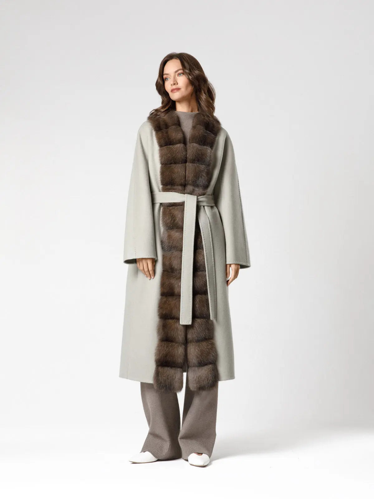 Olive cashmere coat with sable fur trim from Barguzin
