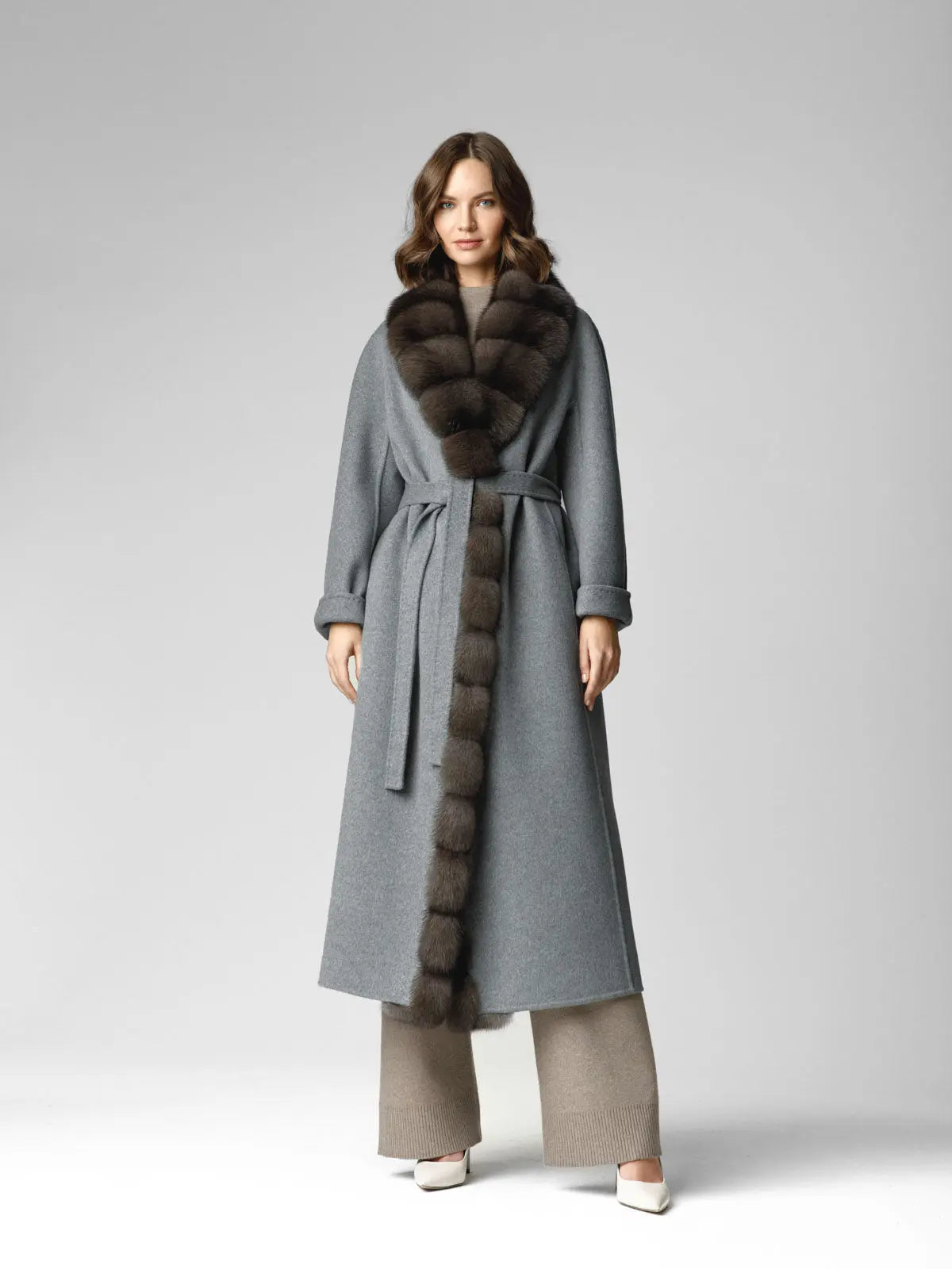 Cashmere coat with sable trim on the sides in graphite tone